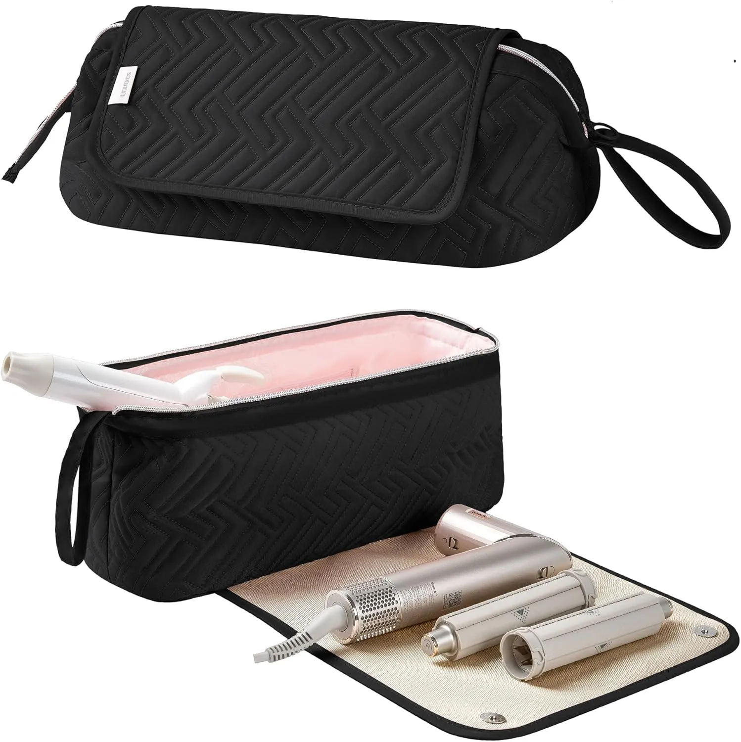 Leudes Hair Tools Travel Bag for Women Heat Resistant Mat for Travel Essentials Hot Tools Straighteners,Flat Irons,Curling Iron,Hot Air Brushes and Hair Dryer Organizer Bags 2 in 1(Black)