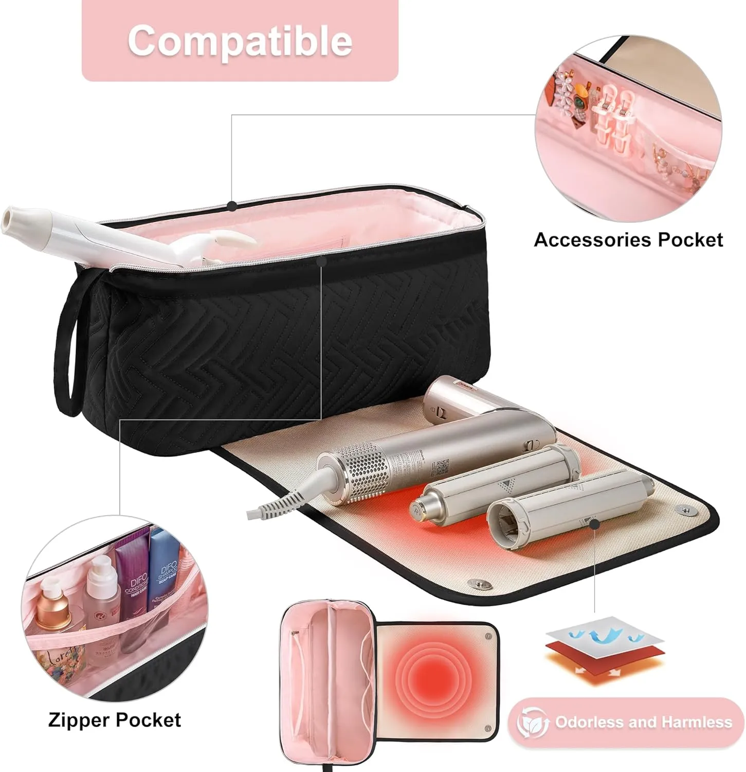 Leudes Hair Tools Travel Bag for Women Heat Resistant Mat for Travel Essentials Hot Tools Straighteners,Flat Irons,Curling Iron,Hot Air Brushes and Hair Dryer Organizer Bags 2 in 1(Black)