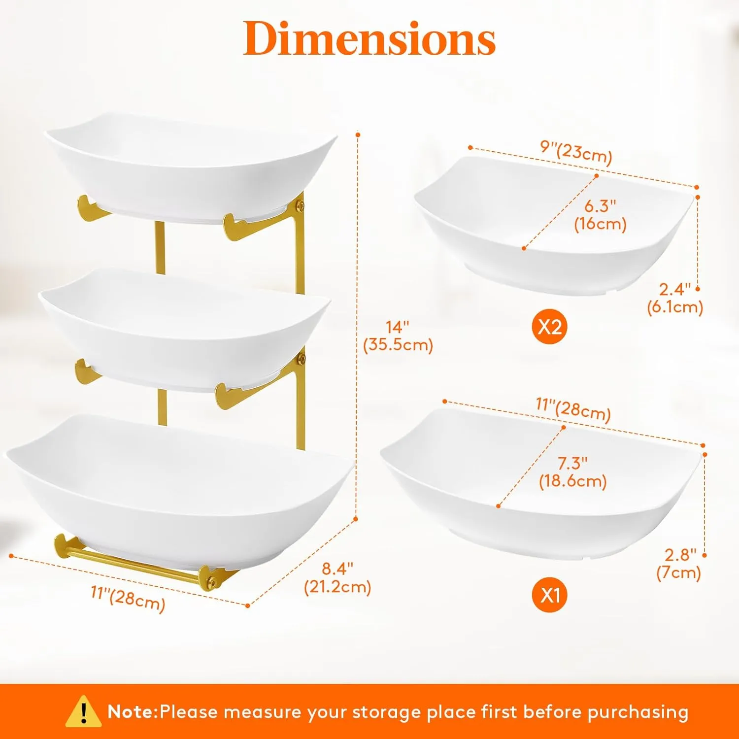 Lifewit Plastic Fruit Bowl Basket for Kitchen Countertop, 3 Tier Fruit Holder with Gold Metal Stand, Serving Tray for Food, Vegetable, Cake, Dessert in Party
