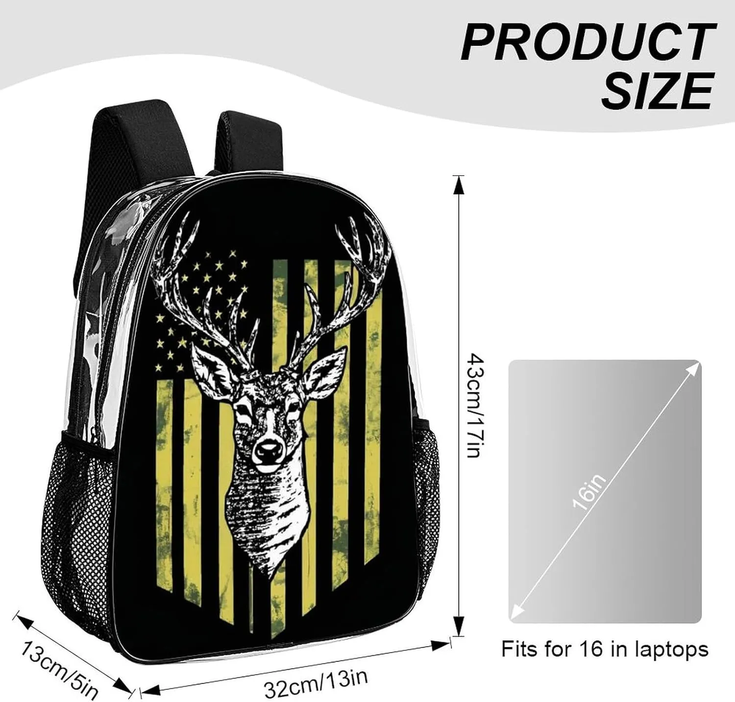 Lightweight Daypack for Camping Business Walking Cycling - Large Capacity Transparent Multipurpose Bookbag, Camouflage American Flag Hunting Camo Deer Black Gym Outdoor Hiking Backpack