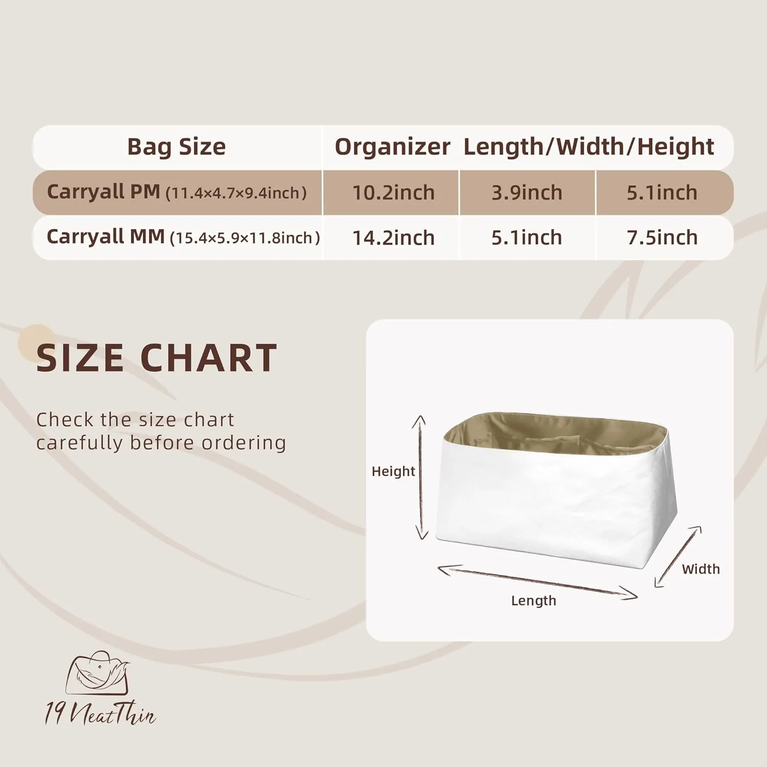 Lightweight Purse Insert Fit for LV Carryall, Waterproof Dupontpaper Surface and Silky Satin Lining (PM, Gris Tourterelle)