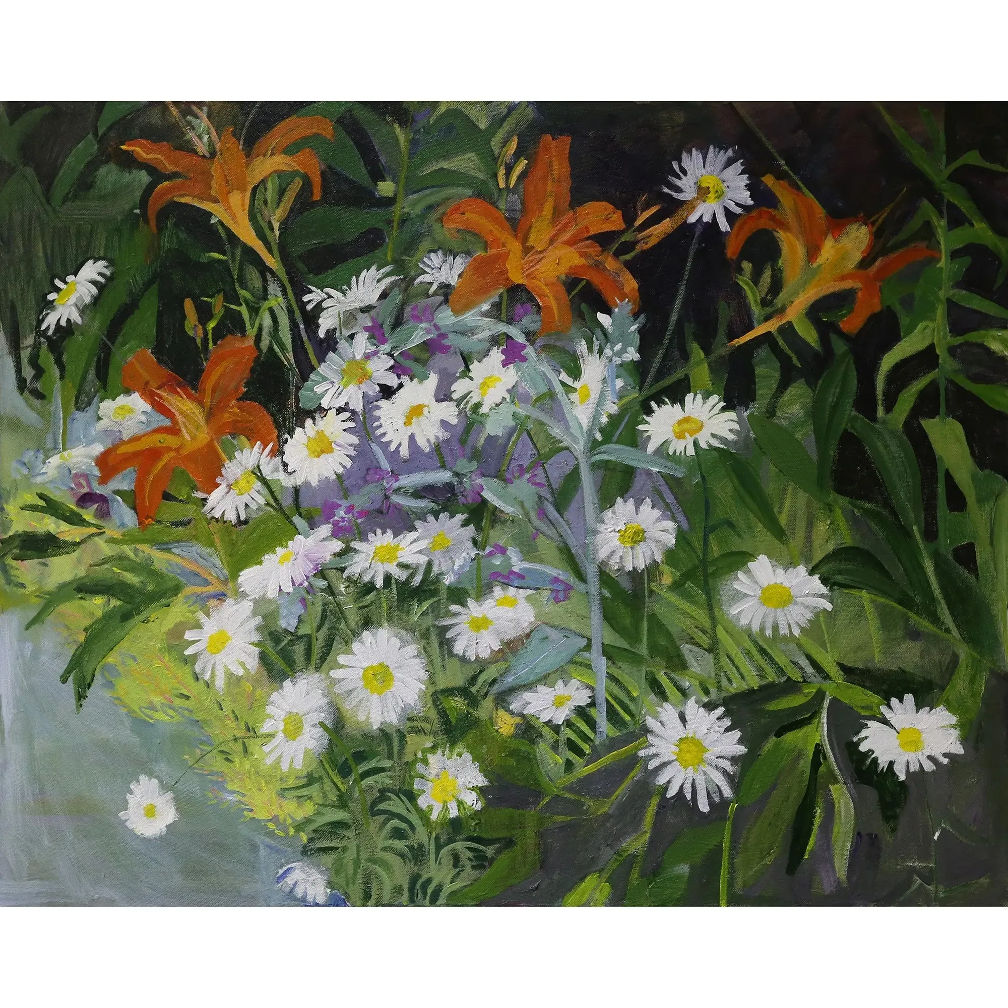 Lilies and Daisies in the Summer Garden c-lb232 by Lila Bacon Floral Painting on Canvas