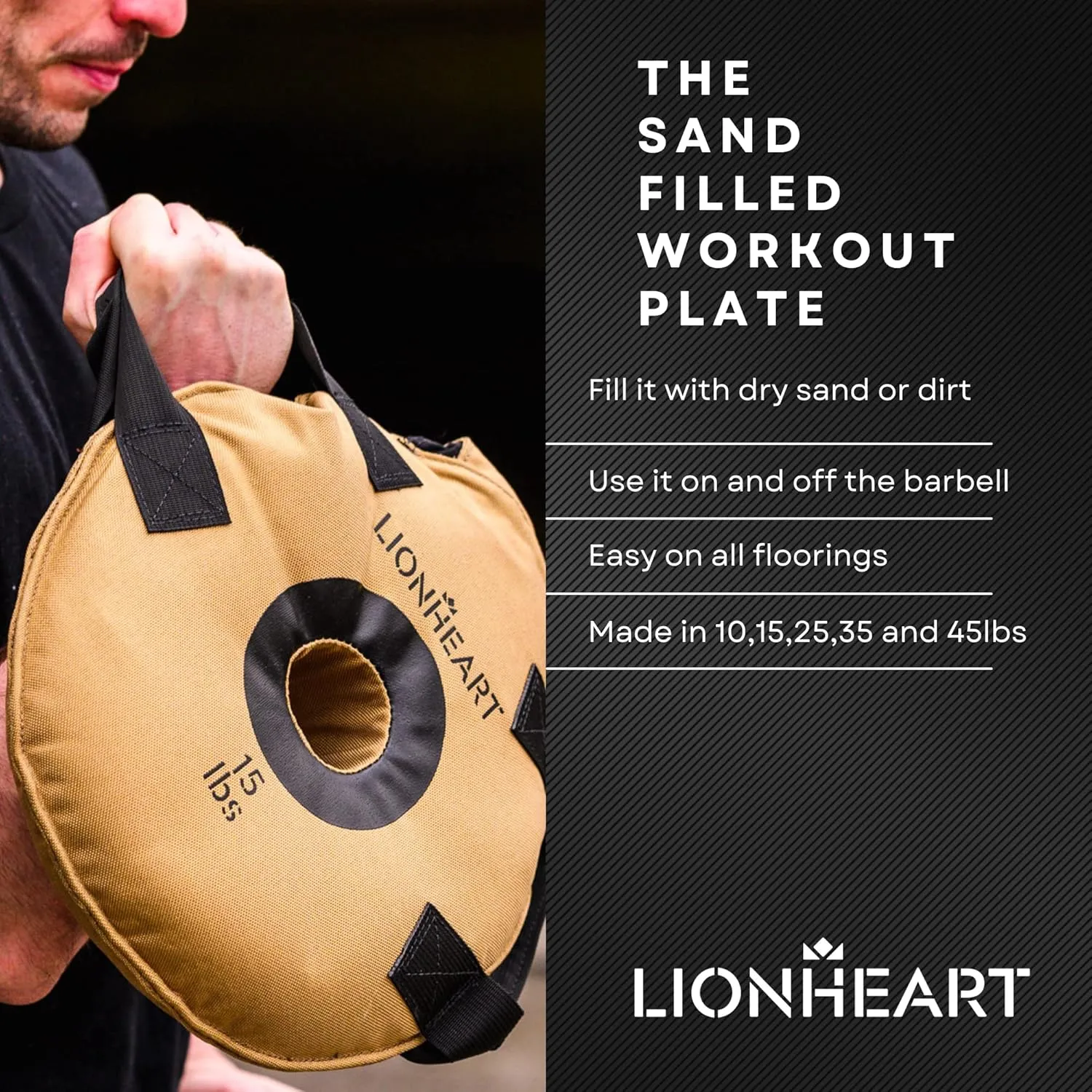 Lionheart Sand Bag Weight Plates Set | Sandbags for Working Out | Home Gym Bumper Plates | Travel-Friendly Sandbag for Fitness & Weight Training | Unfilled 10, 15, 25, 35, 45 lb Plates (Set of 2)