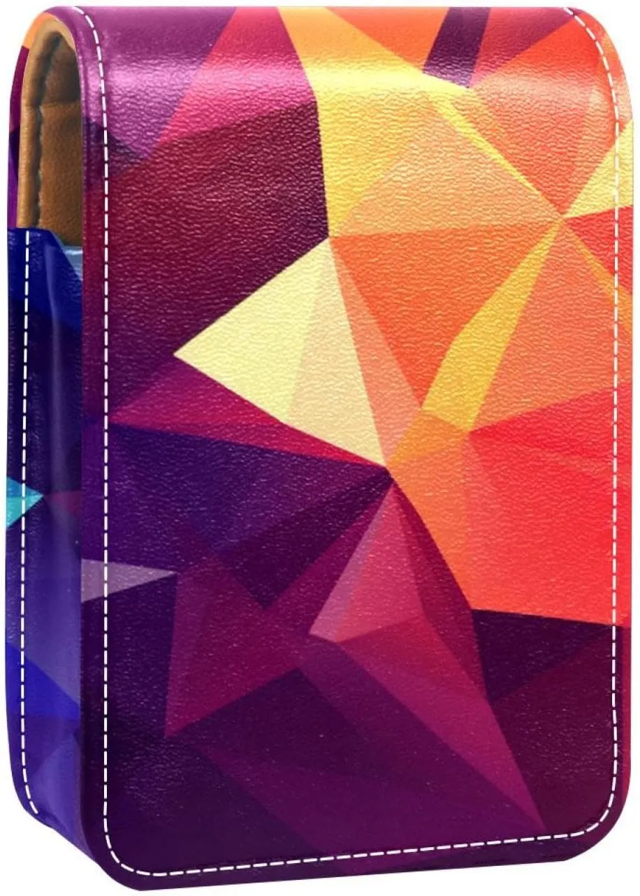 Lipstick Case,Leather Lip Gloss Lipstick Organizer with Mirror,Mini Lipstick Holder Bag,Abstract Art Geometric Colorful