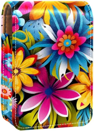 Lipstick Case,Leather Lip Gloss Lipstick Organizer with Mirror,Mini Lipstick Holder Bag,Art Colorful Flowers Cartoon