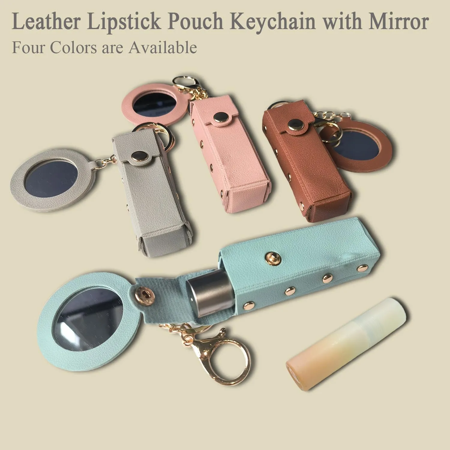 Lipstick Holder Keychain PU Leather Lipstick Pouch Leather Keychain with Mirror Chapstick Holder and Lipstick Organizer for Travel, Gift for Women