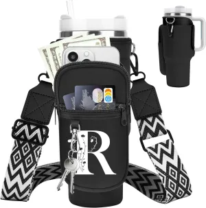 LOKASS for Stanley Cup Accessories 40 oz Water Bottle Carrier Bag with Phone Pocket for Stanley Tumbler Holder with Strap, Personalized Gifts with Floral Initial A-Z for Women/Girls/Stanley Cup Fans