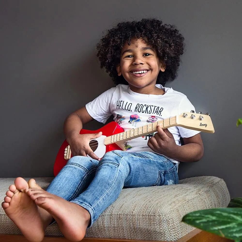 Loog Mini Acoustic kids Guitar for Beginners 3-strings Ages 3  Learning app and lessons included Red