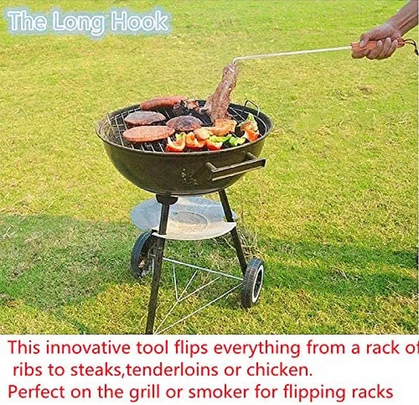 LQLMCOS Food Flipper Turner Hooks Stainless Steel BBQ Meat Hooks Cooking Barbecue Turners Hooks Grill Accessories with Wooden Handle for Grilling & Smoking (Style A-One Pack)