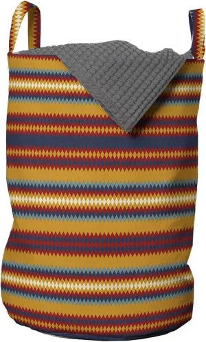 Lunarable Abstract Laundry Bag, Tribal Stripes on Horizontal Funky Ethnic Culture Hippie Folk Print, Hamper Basket with Handles Drawstring Closure for Laundromats, 13" x 19", Apricot Red Dark Indigo