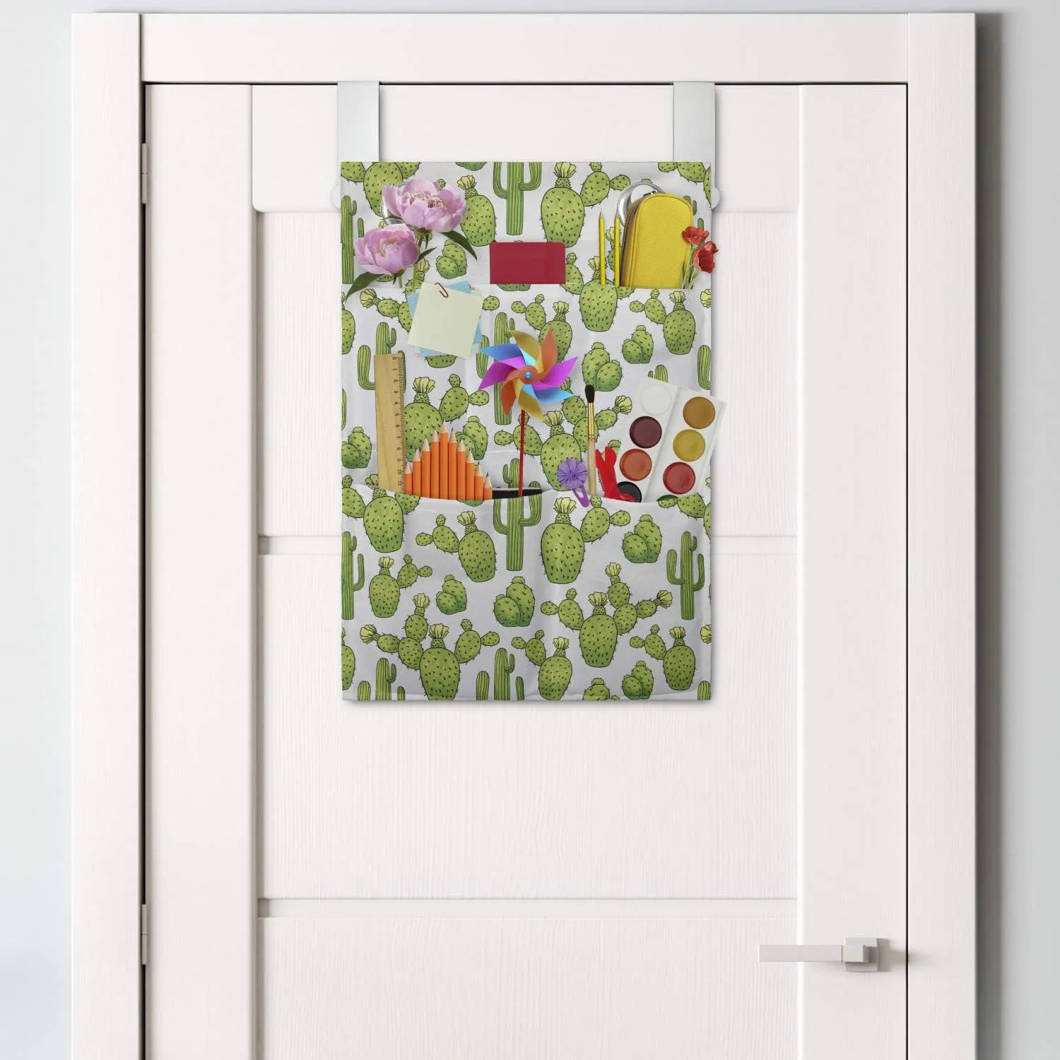 Lunarable Cactus Hanging Pocket Organizer, Spines Thorns Flowers Saguaro Cartoon Wildflower Irregular Style, Printed Polyester Storage Bag with Pockets, 14" x 20", Apple Green Olive Green