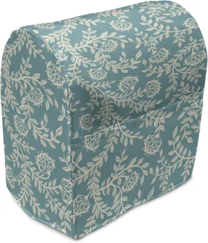 Lunarable Traditional Stand Mixer Cover, Flower Silhouettes Stalks and Leaves Blooming Spring Season Inspirations, Kitchen Appliance Organizer Bag Cover with a Pocket, 6-8 Quarts, Ivory Teal