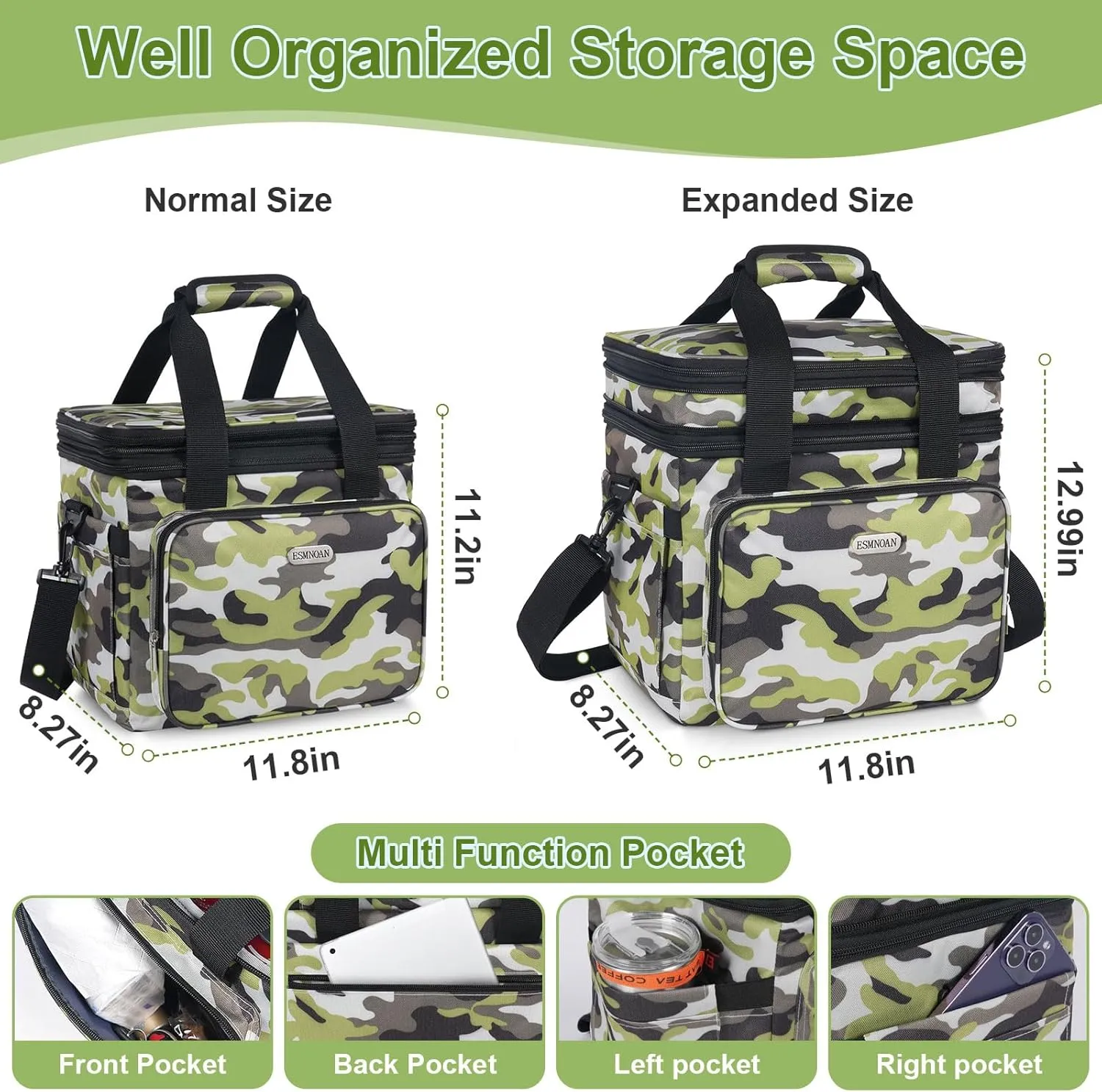 Lunch Bag for Men with Adjustable Shoulder Strap, Double Durable Expandable Leakproof Insulated Lunch Bag, Cooler Bag for Work Shift, Travel and Outdoor Picnics, 21L Light Camouflage