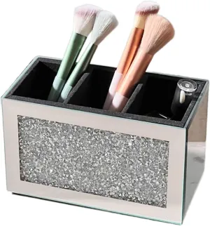 Luxury Rhinestone Mirror Makeup Brush Storage Holder - Elegant Organizer for Brushes, Eyeliners, and Cosmetics - Multi-Functional Makeup Caddy with Plush Interior (Silver)