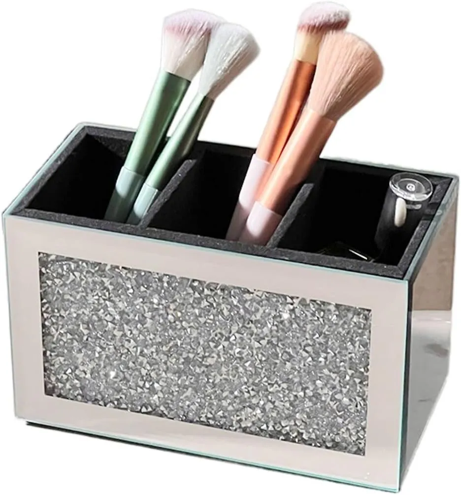 Luxury Rhinestone Mirror Makeup Brush Storage Holder - Elegant Organizer for Brushes, Eyeliners, and Cosmetics - Multi-Functional Makeup Caddy with Plush Interior (Silver)