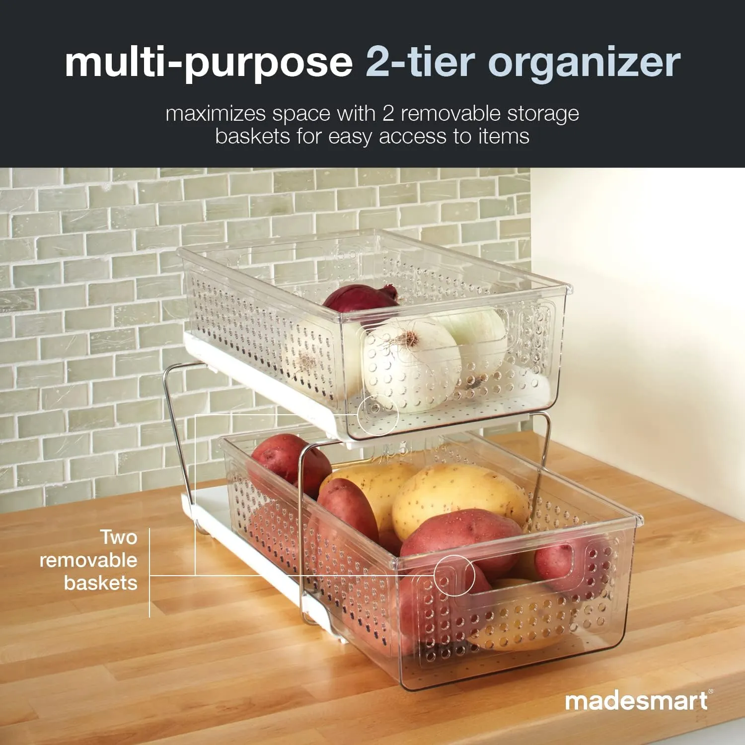 madesmart 2 Tier Organizer, Multi-Purpose Slide-Out Storage Baskets with Handles, Pack of 1, Plastic, Clear