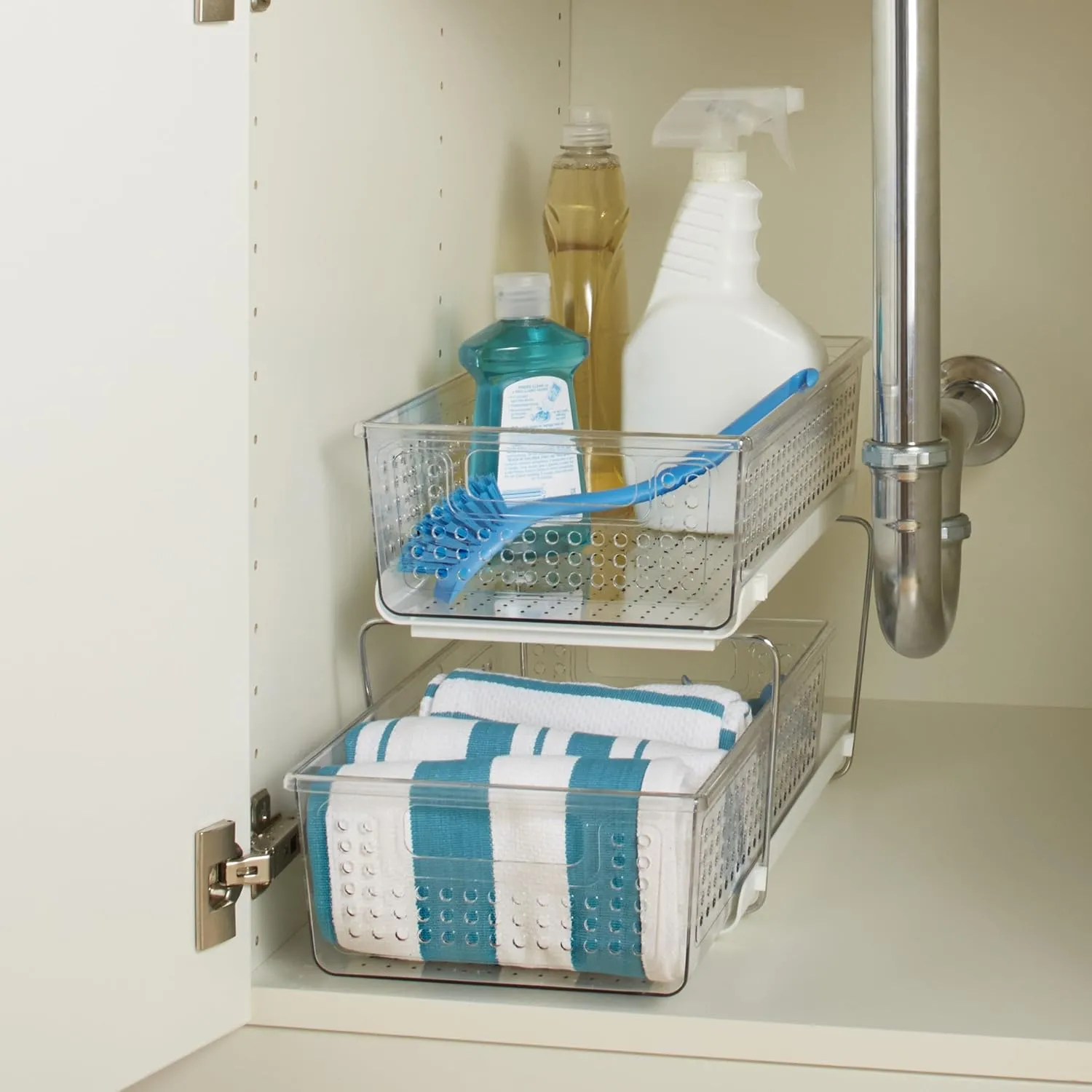 madesmart 2 Tier Organizer, Multi-Purpose Slide-Out Storage Baskets with Handles, Pack of 1, Plastic, Clear