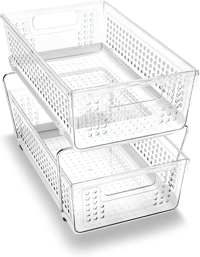 madesmart 2 Tier Organizer, Multi-Purpose Slide-Out Storage Baskets with Handles, Pack of 1, Plastic, Clear