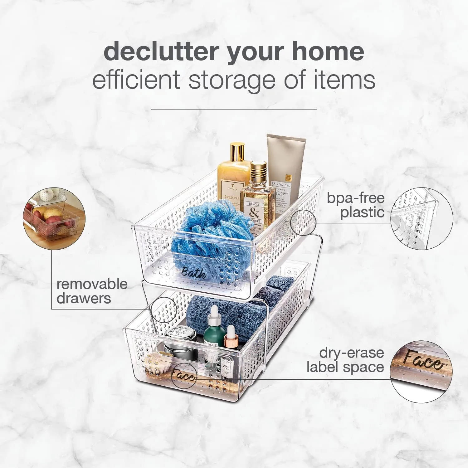 madesmart 2 Tier Organizer, Multi-Purpose Slide-Out Storage Baskets with Handles, Pack of 1, Plastic, Clear