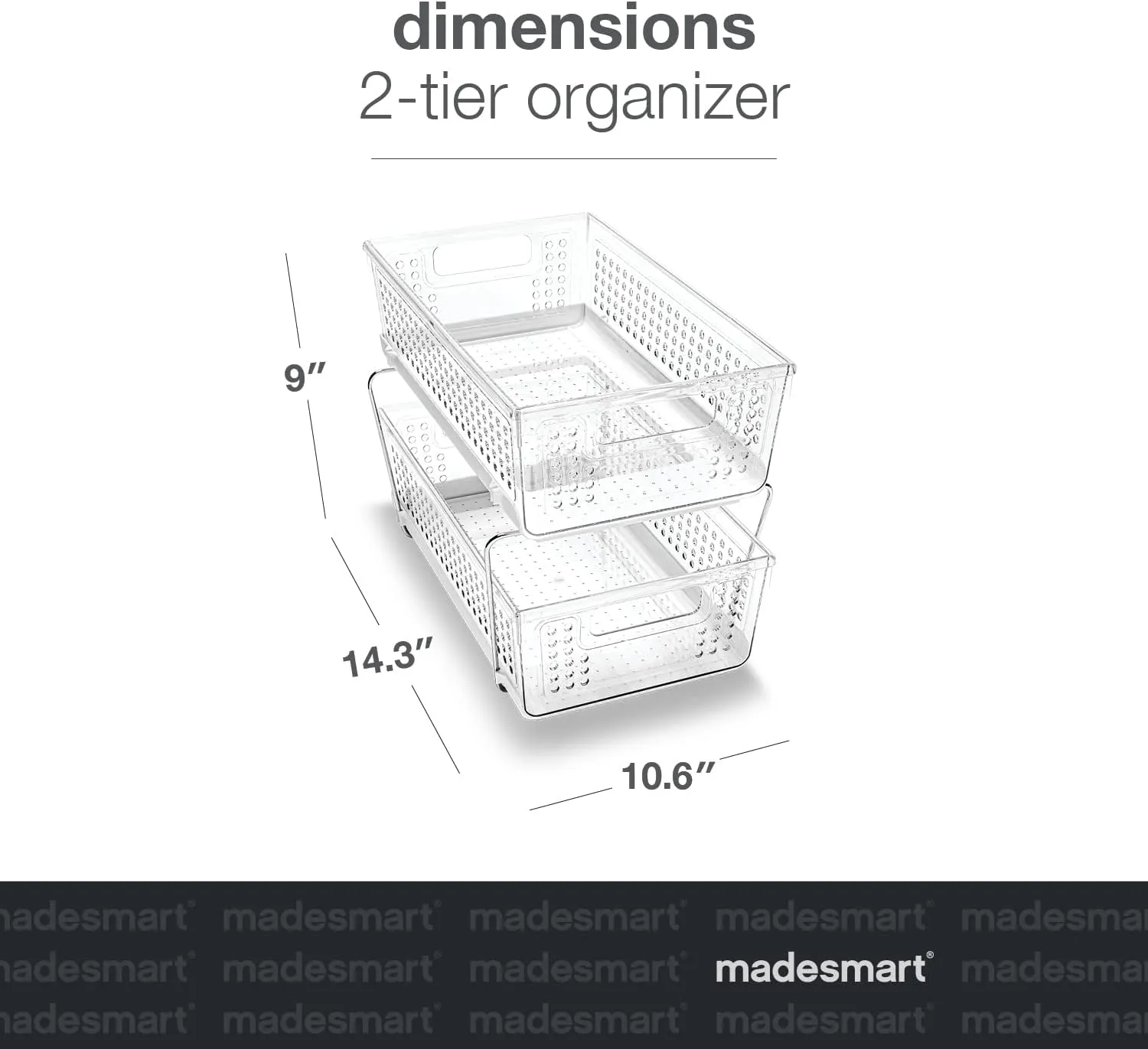 madesmart 2 Tier Organizer, Multi-Purpose Slide-Out Storage Baskets with Handles, Pack of 1, Plastic, Clear