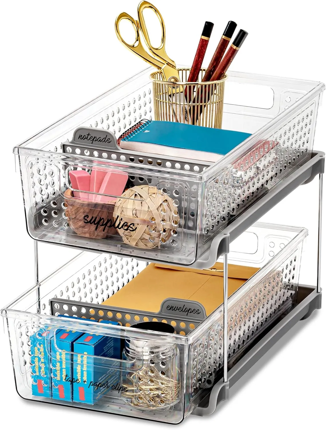 madesmart 2-Tier Organizer Multi-Purpose Slide-Out Storage with Handles and Dividers for Home and Bath, BPA Free, Pack of 1, Clear