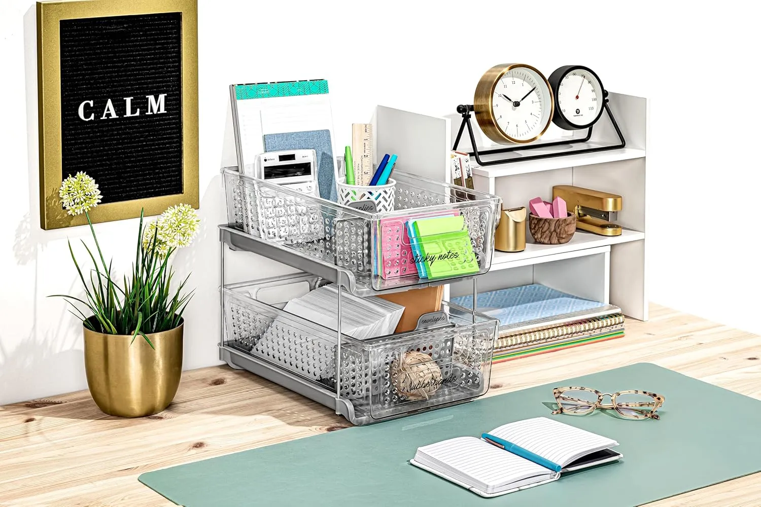 madesmart 2-Tier Organizer Multi-Purpose Slide-Out Storage with Handles and Dividers for Home and Bath, BPA Free, Pack of 1, Clear