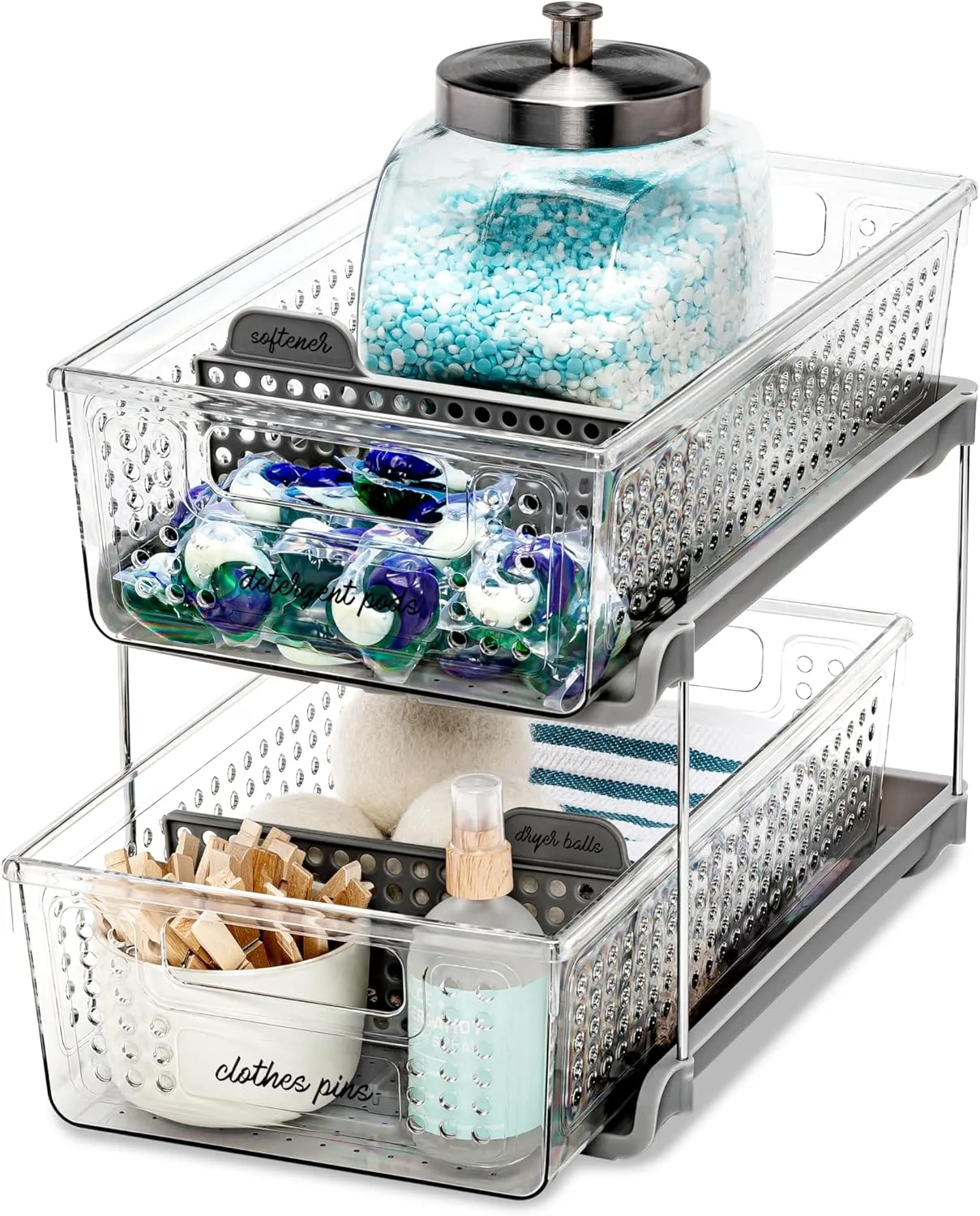 madesmart 2-Tier Organizer Multi-Purpose Slide-Out Storage with Handles and Dividers for Home and Bath, BPA Free, Pack of 1, Clear