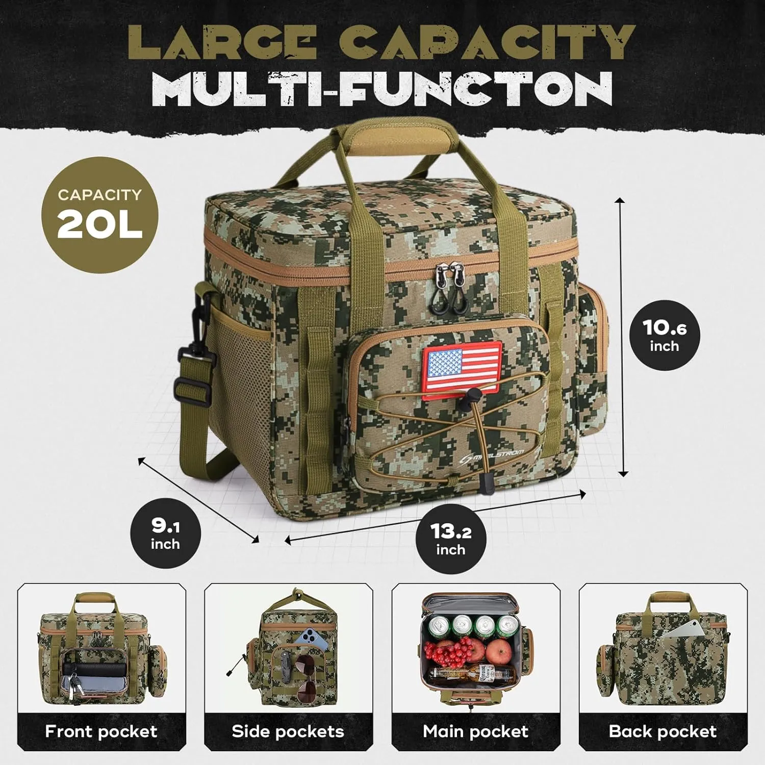 Maelstrom Large Tactical Lunch Box for Men,Insulated Lunch Bag, Leakproof Soft Cooler Bags with Detachable MOLLE Bag,Durable Lunch Tote for Adult Women Work,Picnic,30 Cans/20 L, Camouflage