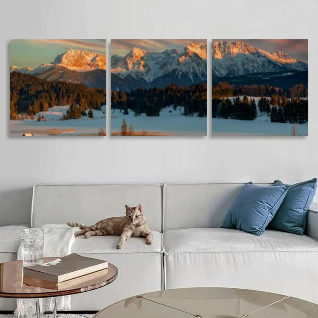 Magic Sunrise at Alpine Lake view to mount 3 Piece Canvas Wall Art for Living Room Bedroom Office Framed Prints Pictures Painting Wall Decor Artwork for Walls Set of 3