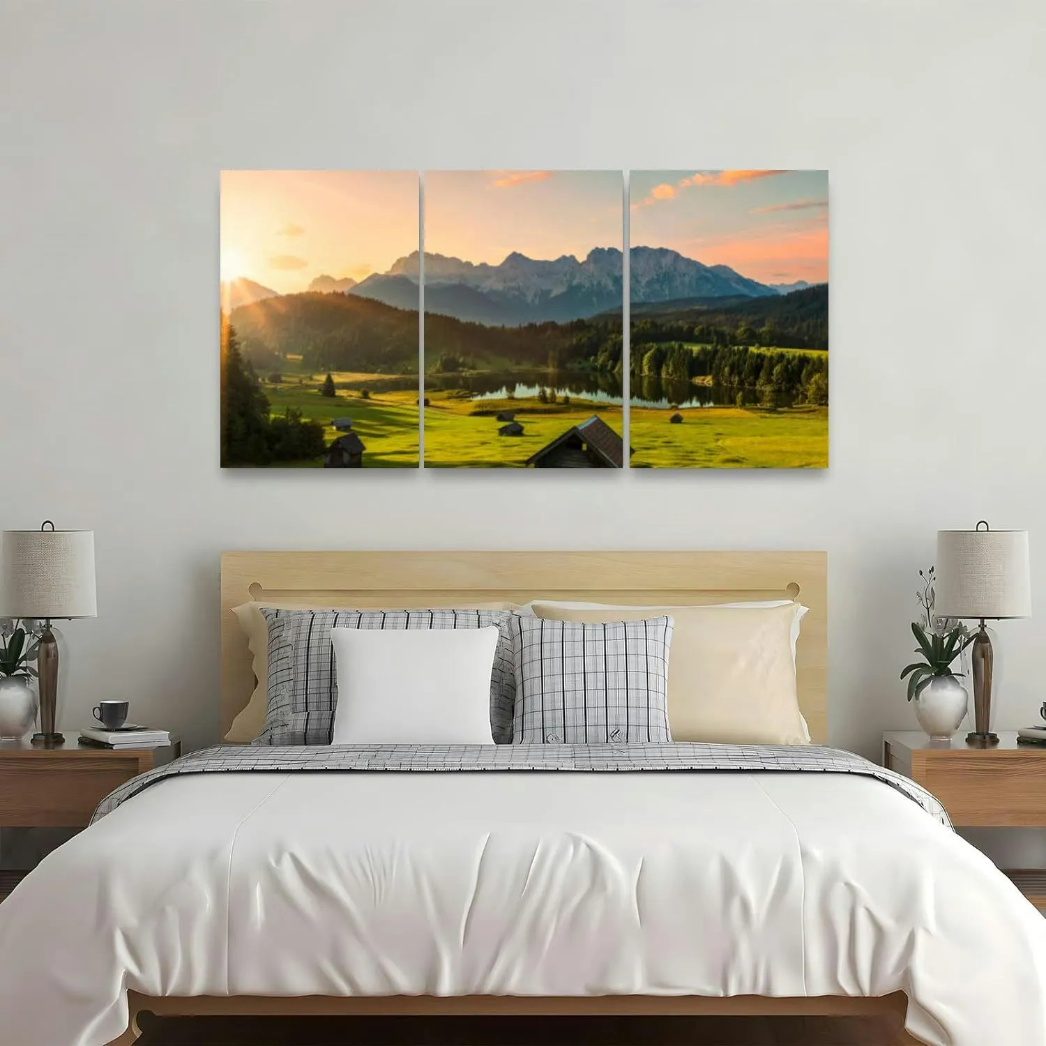 Magic Sunrise at Alpine Lake view to mount 3 Piece Canvas Wall Art for Living Room Bedroom Office Framed Prints Pictures Painting Wall Decor Artwork for Walls Set of 3