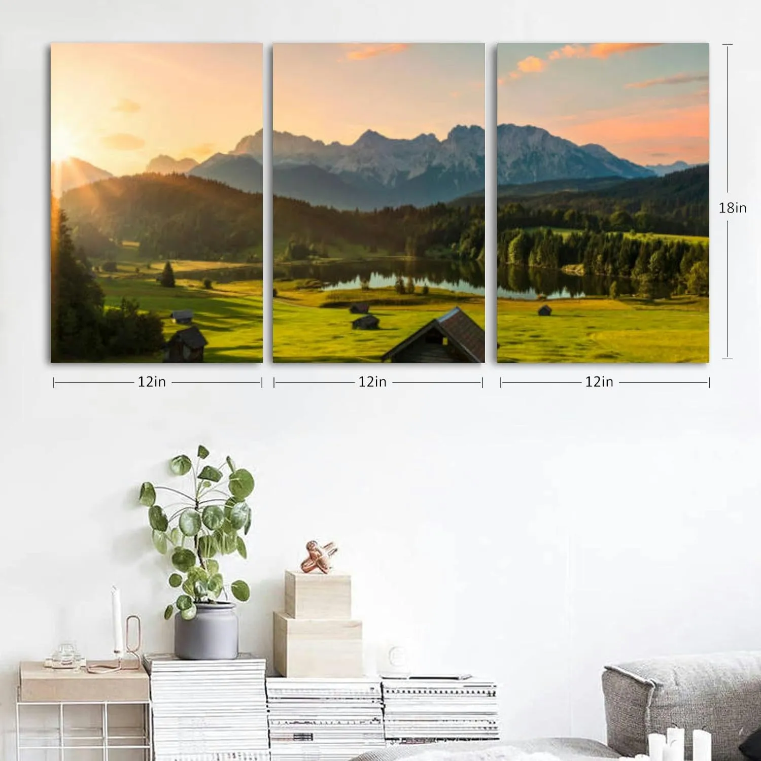 Magic Sunrise at Alpine Lake view to mount 3 Piece Canvas Wall Art for Living Room Bedroom Office Framed Prints Pictures Painting Wall Decor Artwork for Walls Set of 3