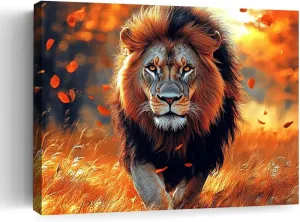 Majestic Lion in Autumn Sunset Canvas Print,African Wildlife Wall Art,Home Decor,Living Room Decor,Bedroom Decor,Office Decor,Nature Photography,Animal Portrait,Golden Hour,Fall Leaves-Frame-style-08x12inch(20x30cm)