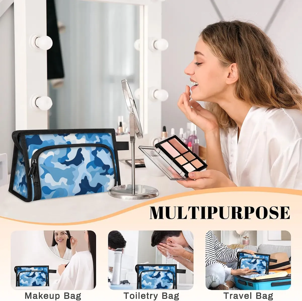 Makeup Bag Blue Camouflage Travel Toiletry Bag Makeup Organizer Portable Make Up Bags for Women Cosmetic Bag with Handle