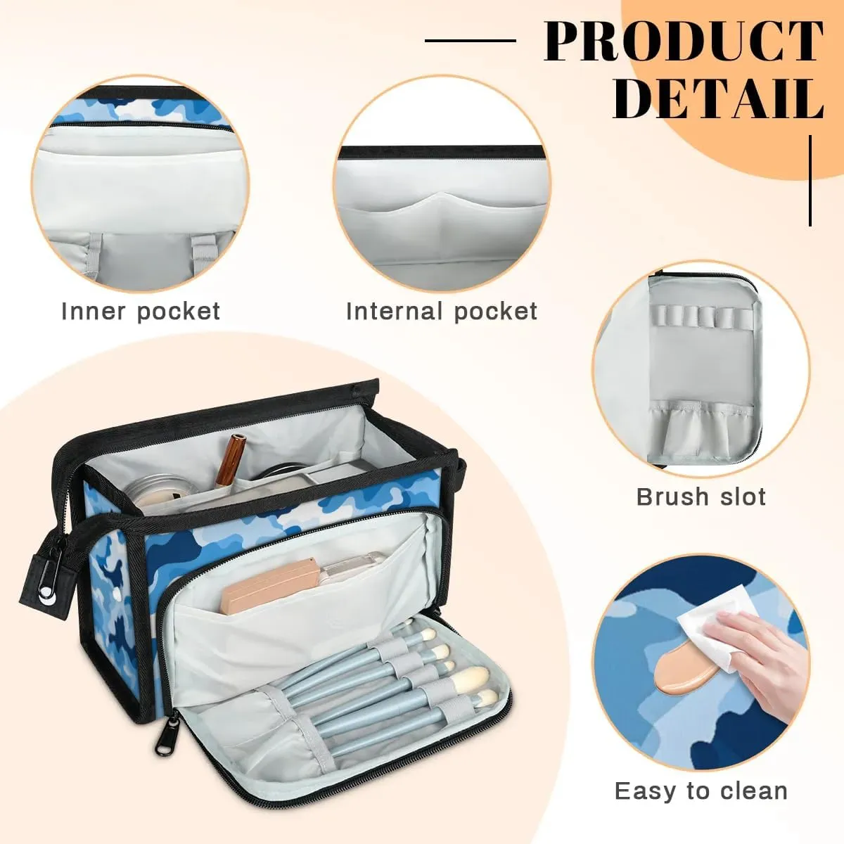 Makeup Bag Blue Camouflage Travel Toiletry Bag Makeup Organizer Portable Make Up Bags for Women Cosmetic Bag with Handle
