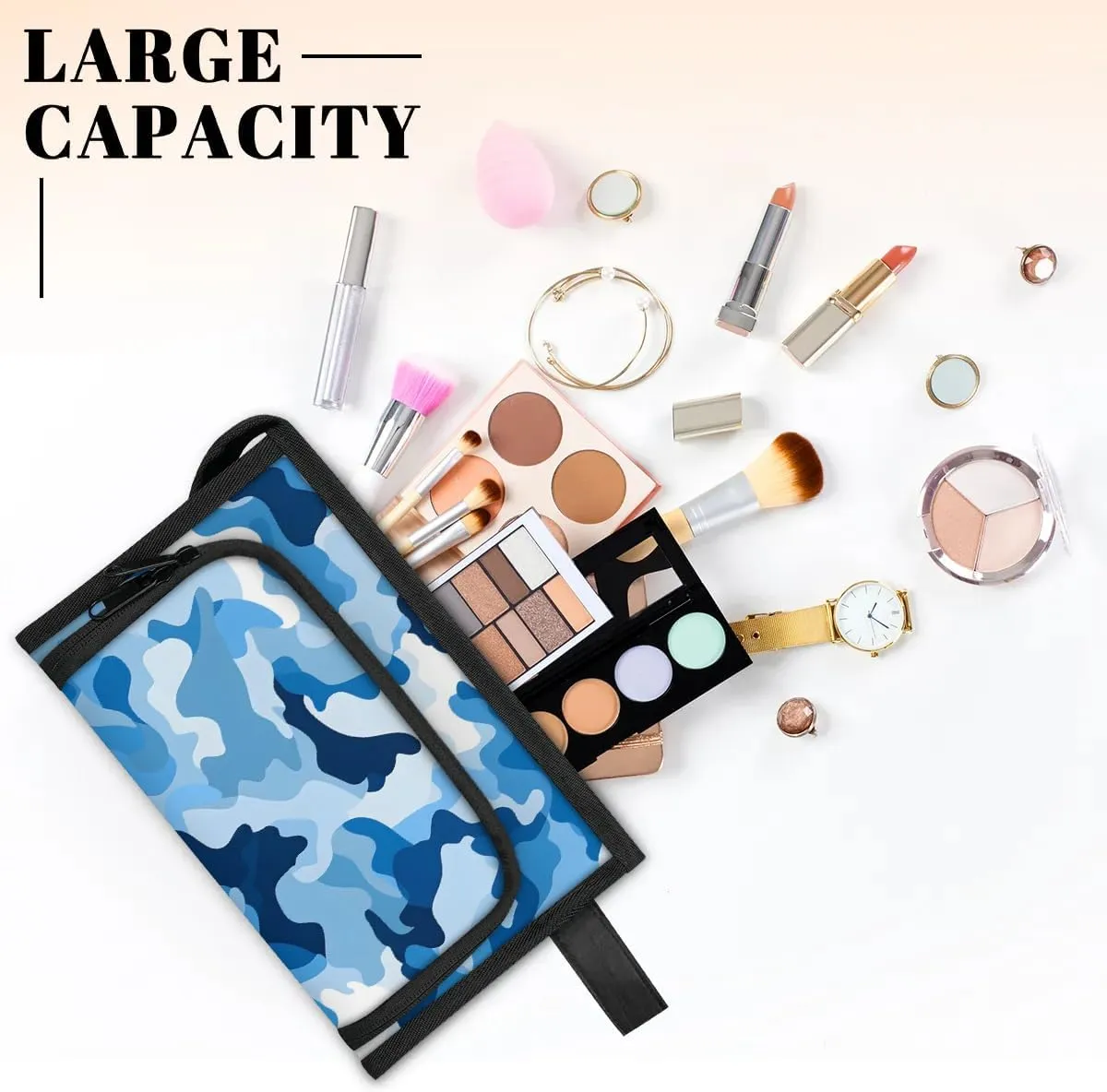 Makeup Bag Blue Camouflage Travel Toiletry Bag Makeup Organizer Portable Make Up Bags for Women Cosmetic Bag with Handle