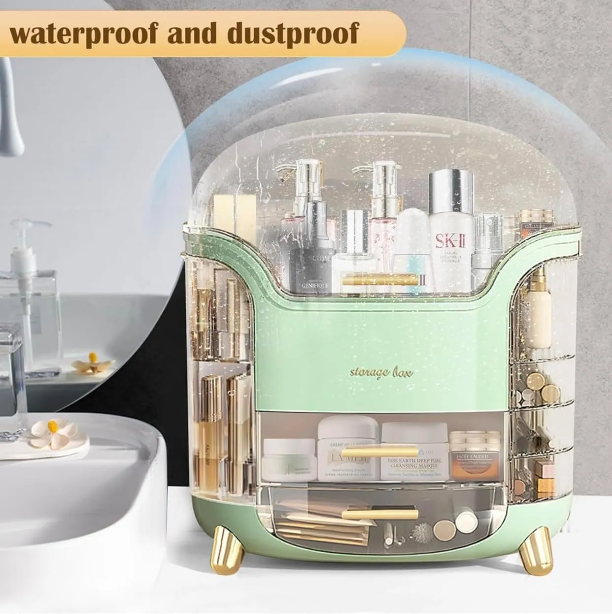Makeup bag Storage Box, Countertop Portable Vanity Cosmetics MAKE UP bathroom organizers and Storage, Cosmetics Organizer Box for Countertop & Drawers, Skincare Organizers Box by KME (Green 360)