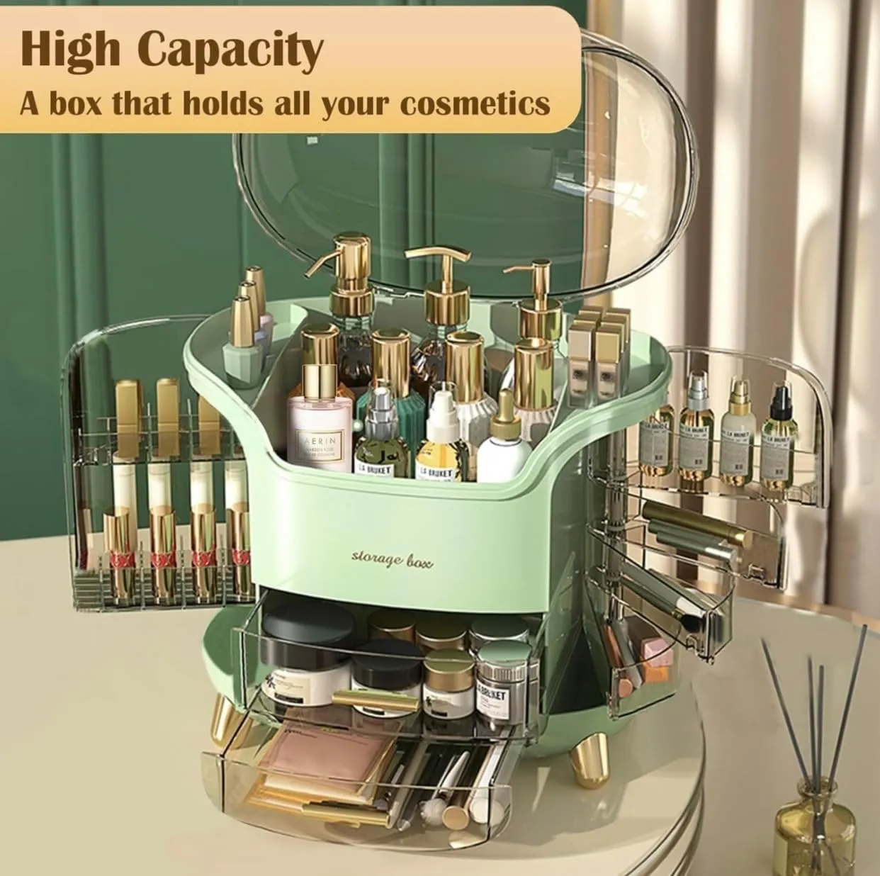 Makeup bag Storage Box, Countertop Portable Vanity Cosmetics MAKE UP bathroom organizers and Storage, Cosmetics Organizer Box for Countertop & Drawers, Skincare Organizers Box by KME (Green 360)