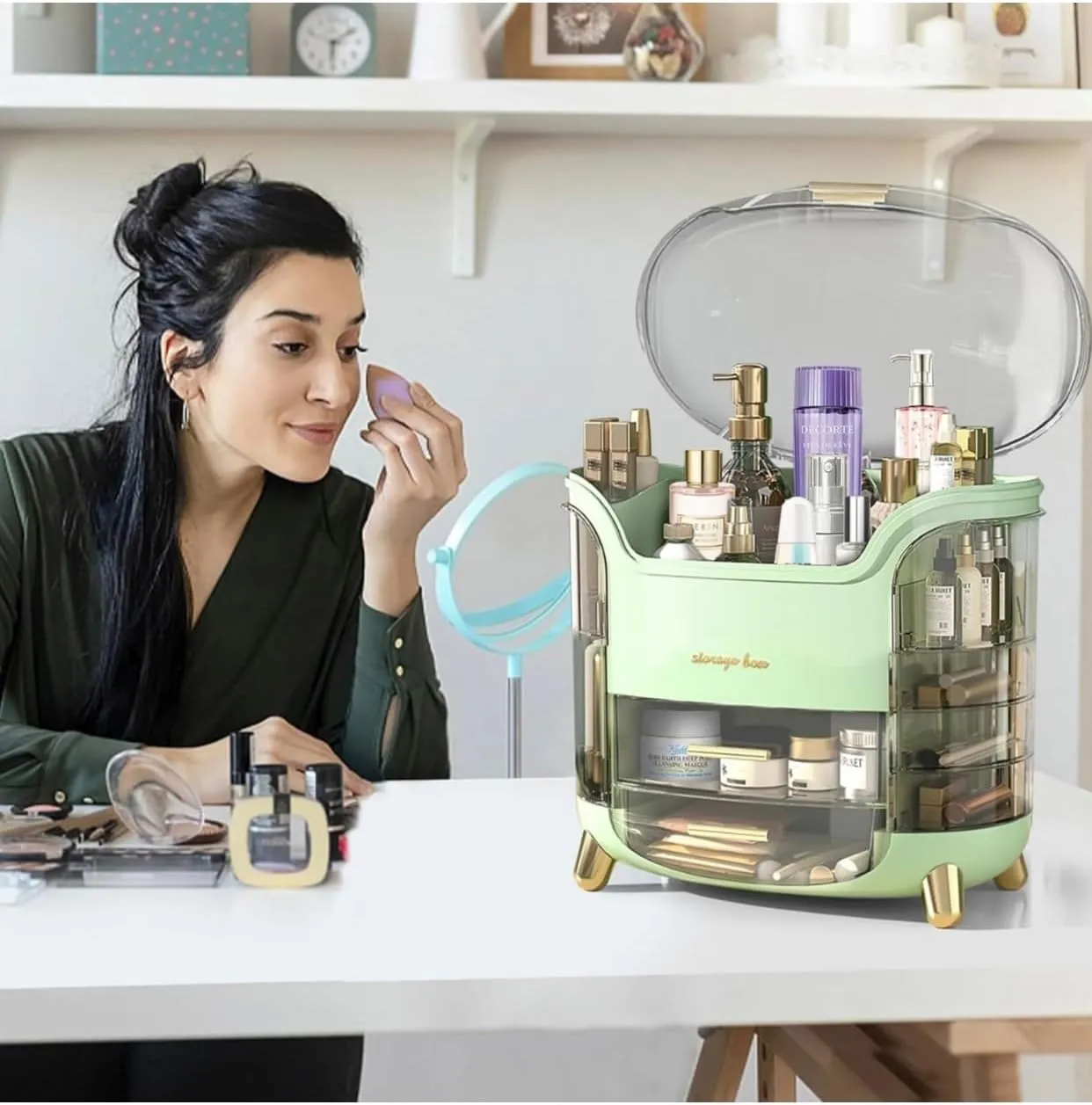 Makeup bag Storage Box, Countertop Portable Vanity Cosmetics MAKE UP bathroom organizers and Storage, Cosmetics Organizer Box for Countertop & Drawers, Skincare Organizers Box by KME (Green 360)