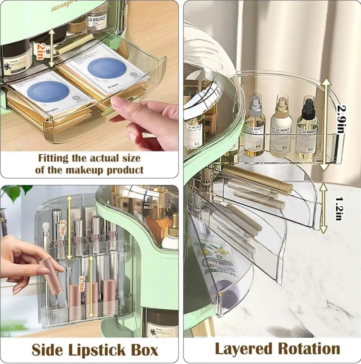 Makeup bag Storage Box, Countertop Portable Vanity Cosmetics MAKE UP bathroom organizers and Storage, Cosmetics Organizer Box for Countertop & Drawers, Skincare Organizers Box by KME (Green 360)