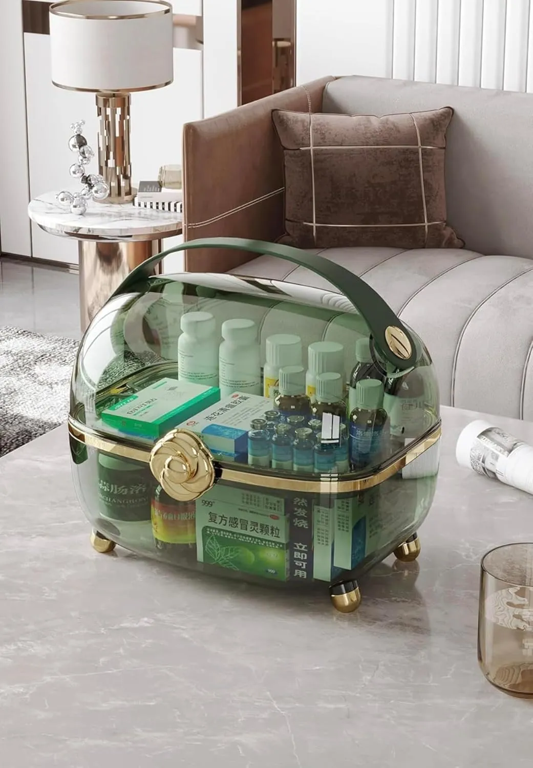 Makeup bag Storage Box, Countertop Portable Vanity Cosmetics MAKE UP bathroom organizers and Storage Cosmetics Organizer Box for Countertop & Drawers Skincare Organizers (Storage box green)