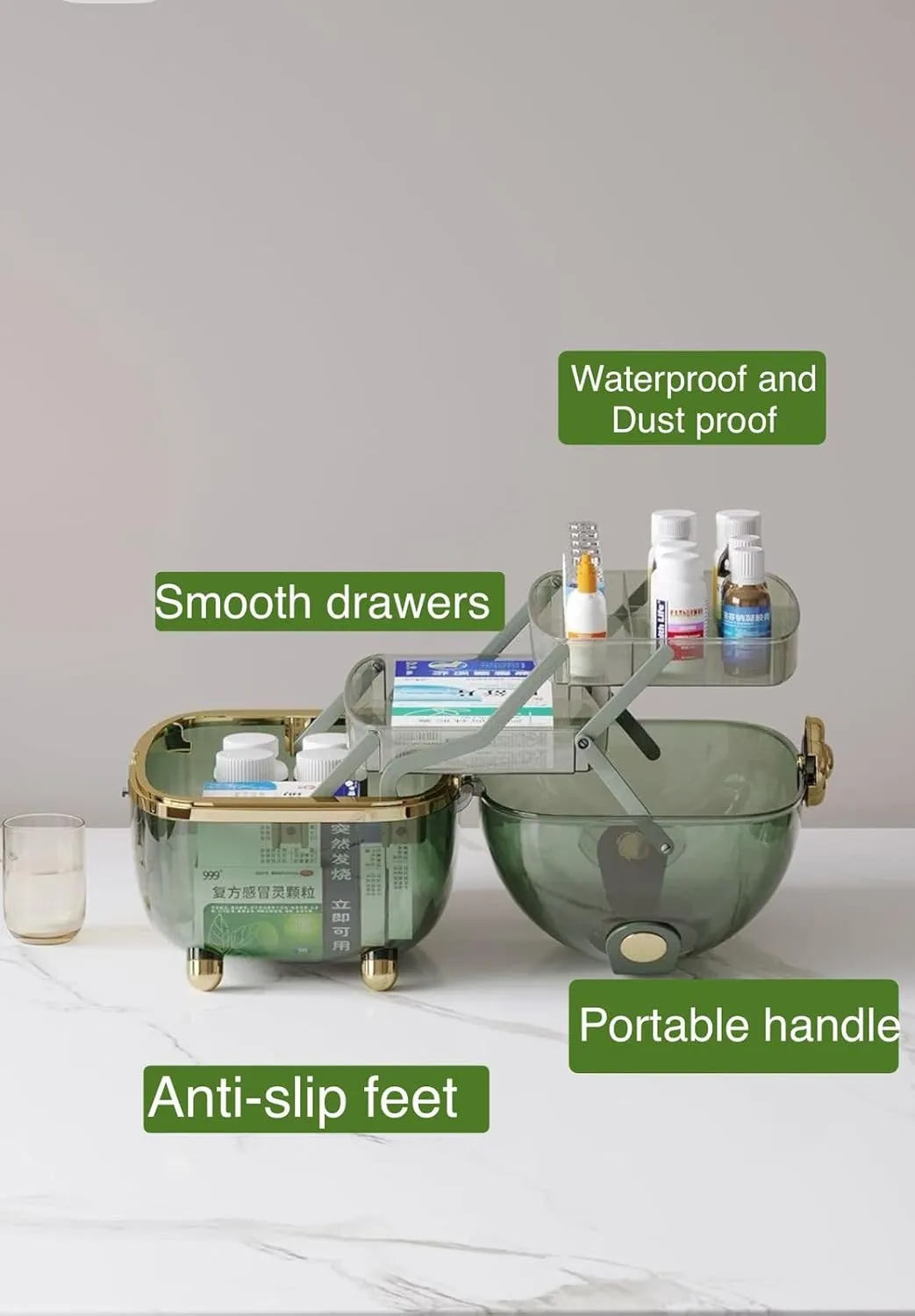 Makeup bag Storage Box, Countertop Portable Vanity Cosmetics MAKE UP bathroom organizers and Storage Cosmetics Organizer Box for Countertop & Drawers Skincare Organizers (Storage box green)
