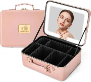 Makeup Bag with LDE Mirror- Portable Cosmetic Organizer for Travel Large Capacity Cosmetic Bag Storage Box (Pink)