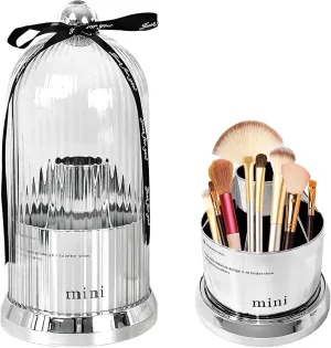 Makeup Brush Holder with Lid, 360° Rotating Multifunction Clear Dustproof Skincare Cosmetic Tools Storage Organizer for Vanity Desktop Bathroom Countertop (Silver)