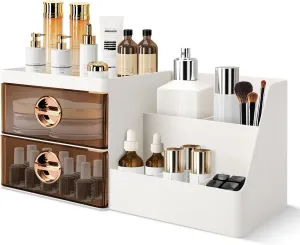 Makeup Organizer with Clear Drawers,Plastic Skincare Organizers for Vanity,Large Capacity Makeup Organizer Countertop for Cosmetics, Skincare,Office Stationery (Brown Drawer)