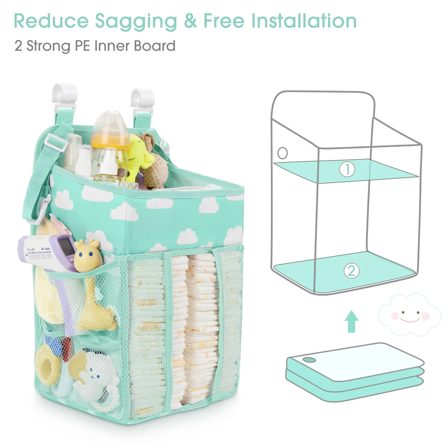 Maliton Hanging Diaper Caddy Organizer - Diaper Stacker Organizer for Changing Table, Crib, Playard & Nursery Organization Diaper Holder Baby Shower Gifts for Newborn (Blue-Green)