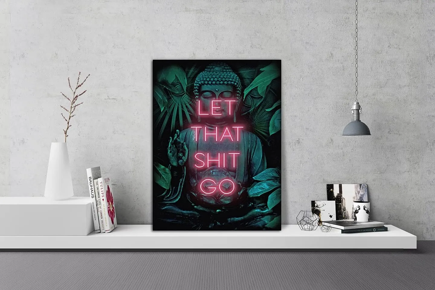 MAMAGO Buddha Wall Art Let That Shit Go Inspirational Quote Canvas Print Posters Spiritual Buddha Zen Painting for Living Room Office Decor Stretched and Framed Ready to Hang - 18x24 inch