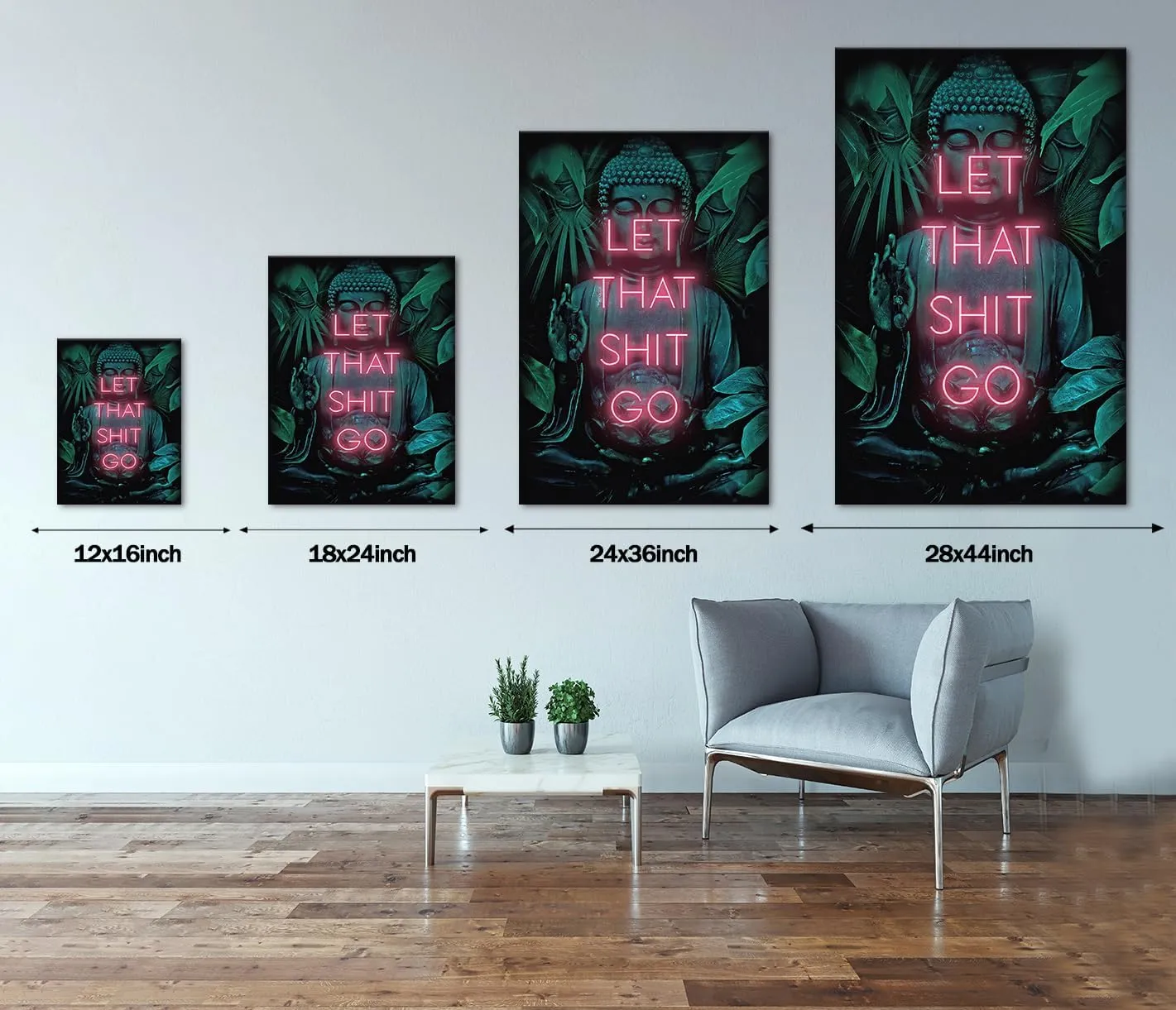 MAMAGO Buddha Wall Art Let That Shit Go Inspirational Quote Canvas Print Posters Spiritual Buddha Zen Painting for Living Room Office Decor Stretched and Framed Ready to Hang - 18x24 inch