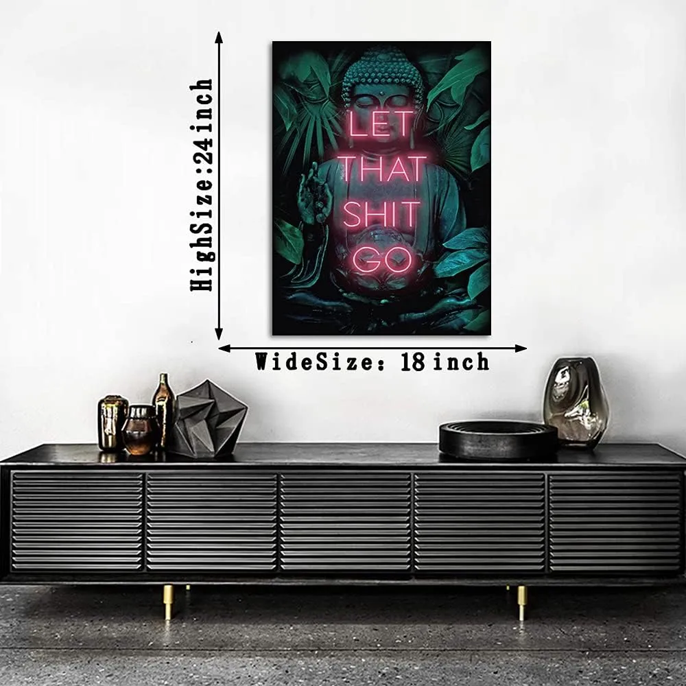 MAMAGO Buddha Wall Art Let That Shit Go Inspirational Quote Canvas Print Posters Spiritual Buddha Zen Painting for Living Room Office Decor Stretched and Framed Ready to Hang - 18x24 inch