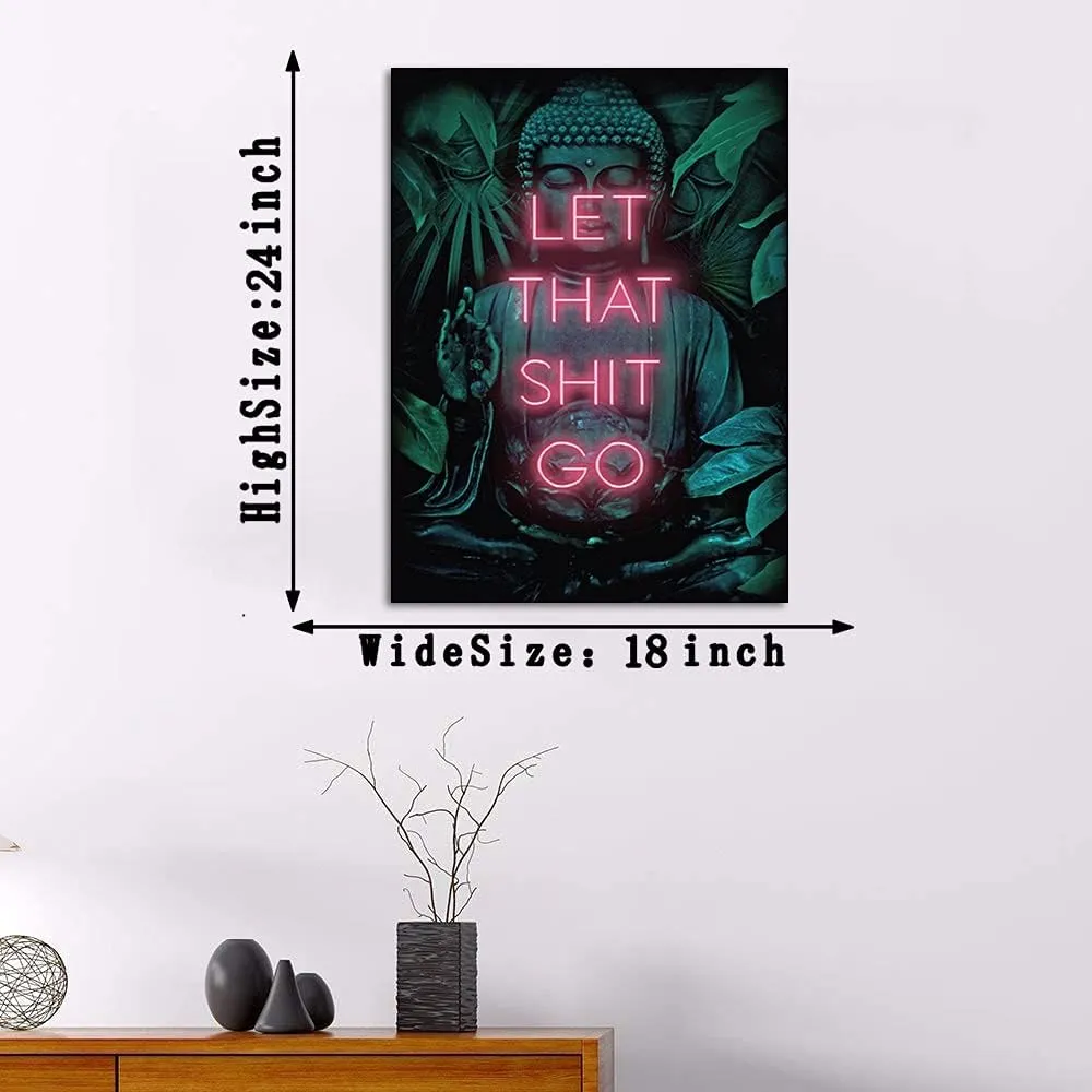 MAMAGO Buddha Wall Art Let That Shit Go Inspirational Quote Canvas Print Posters Spiritual Buddha Zen Painting for Living Room Office Decor Stretched and Framed Ready to Hang - 18x24 inch