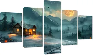 MAMAGO Nature Scenery Wall Art Decor Abstract Landscape Picture Painting 5 Panel Log Cabin Forest and Mountains Pictures Painting Print on Canvas Ready to Hang-60 W x 40" H